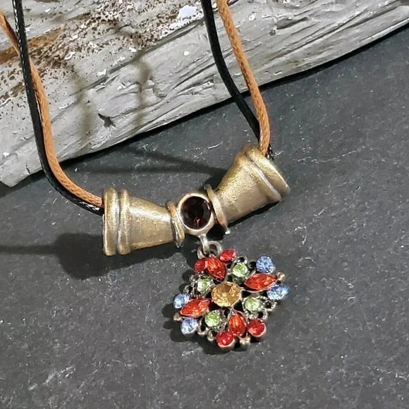 PinkDiva Jewelry - Rustic Antique Bronze Rhinestones Geometric Pendant Necklace Vegan Leather